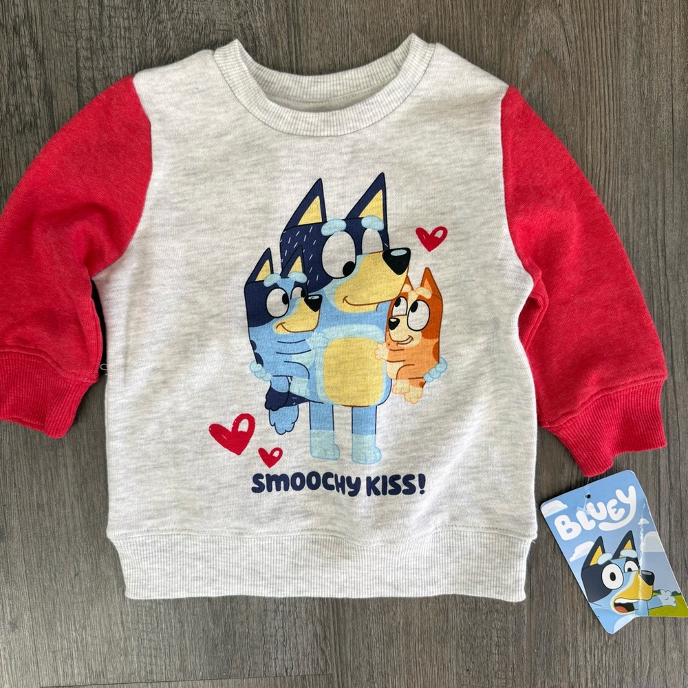 Bluey Valentines Smoochy Kiss Sweatshirt with Red Sleeves
